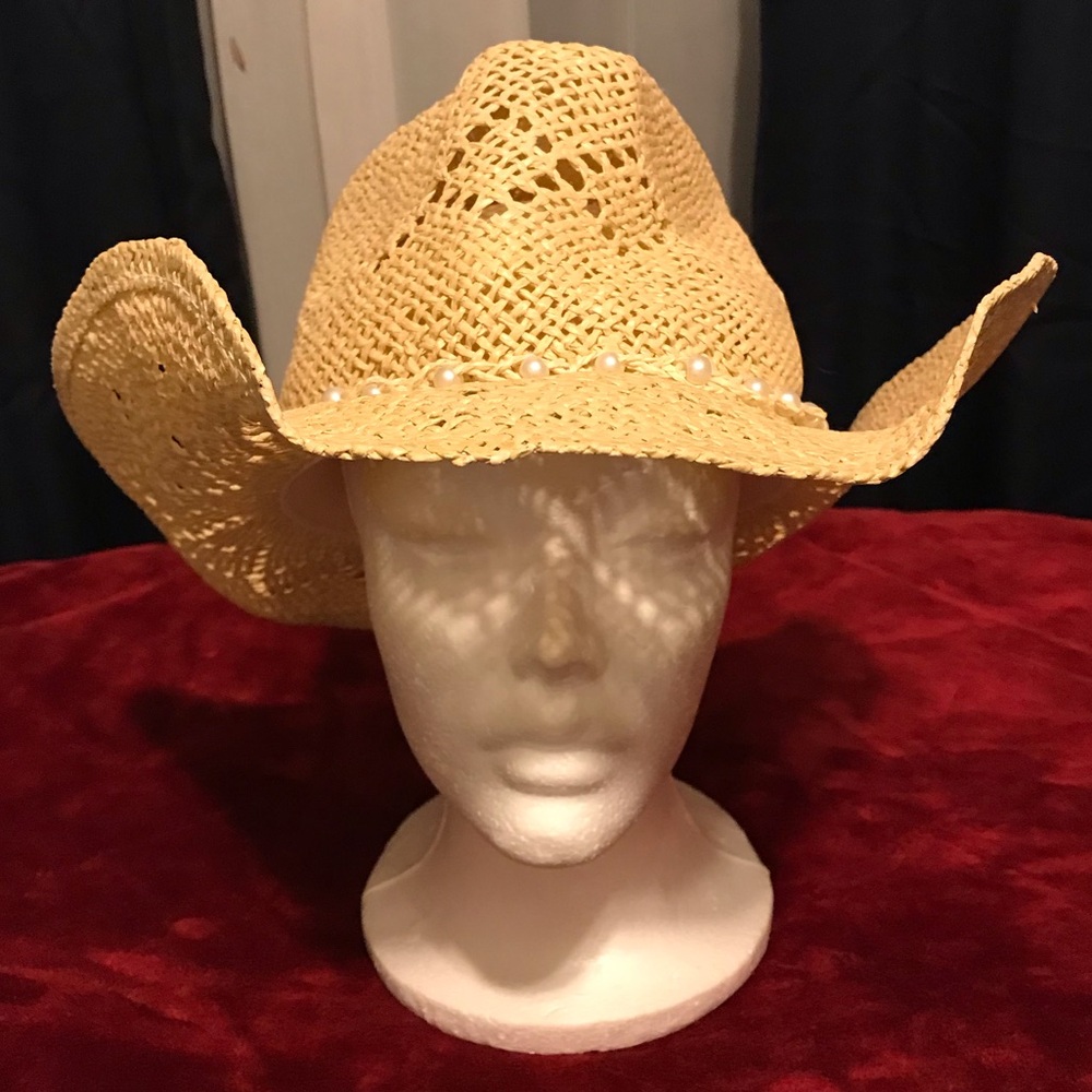 Straw Cowboy Hat with Pearl Trim - Yellow